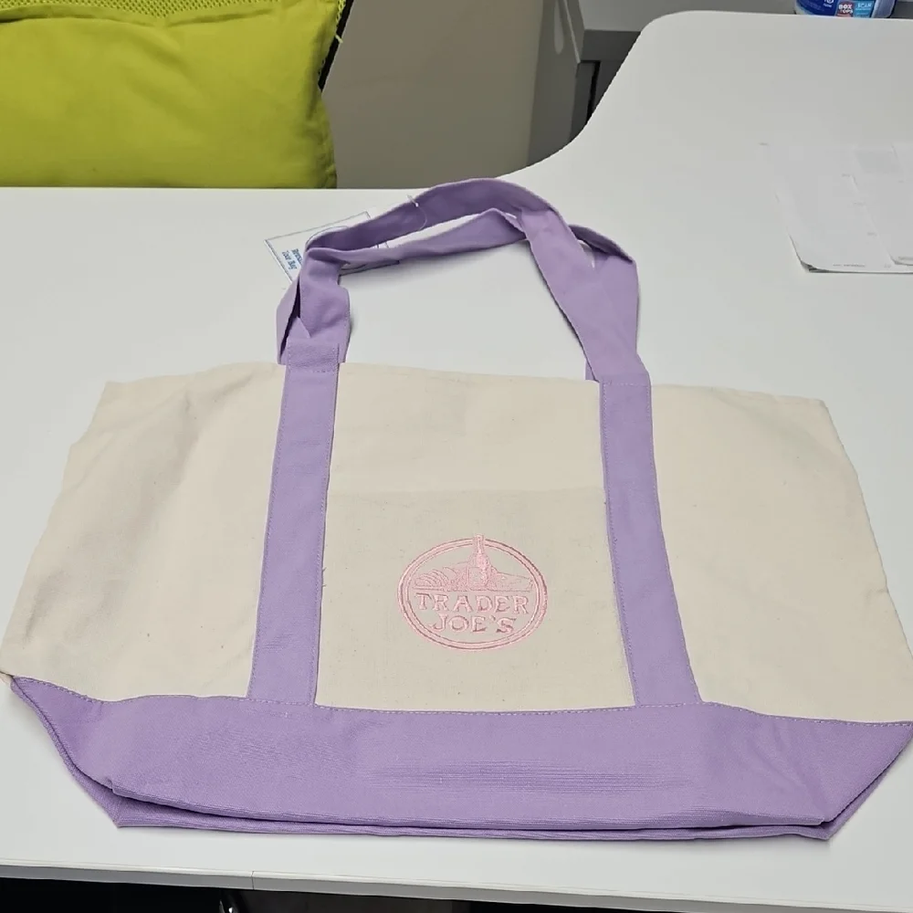 Large Trader Joe's Lavender & Cream Canvas Tote - Picture 2 of 3